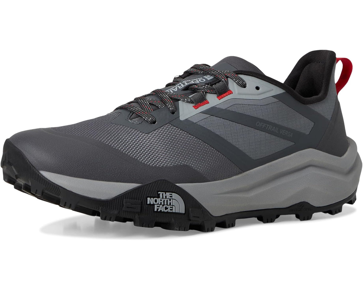 Men's The North Face Offtrail hiking shoes, front 3/4 view in dark gray with red accents