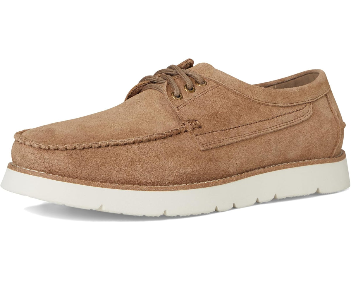 Taupe suede lace-up boat shoe with moc toe and white cushioned sole