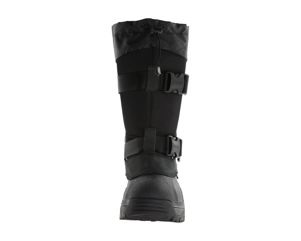 Black boot heel and side view with two adjustable straps and rubber sole
