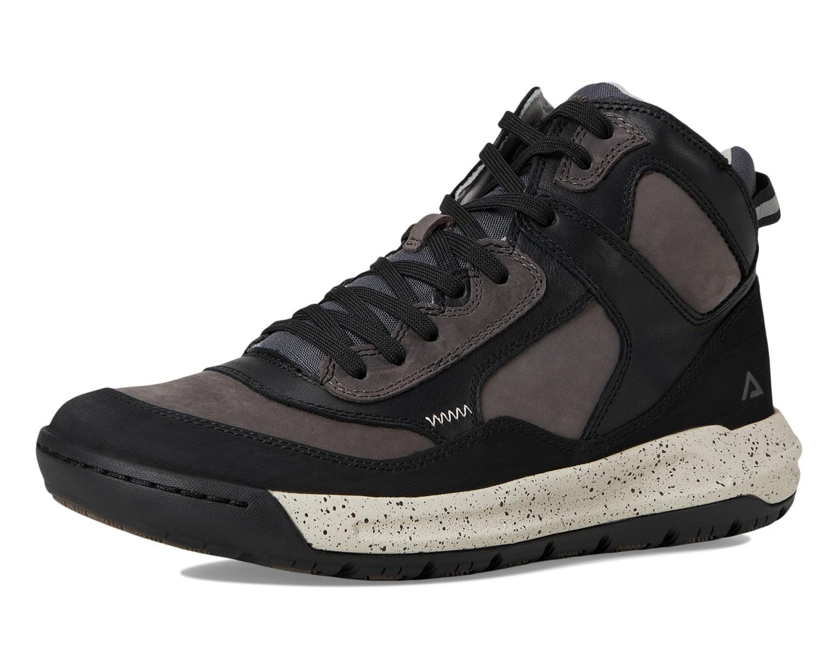 Front three-quarter view of black high-top lace-up sneaker with gray panels