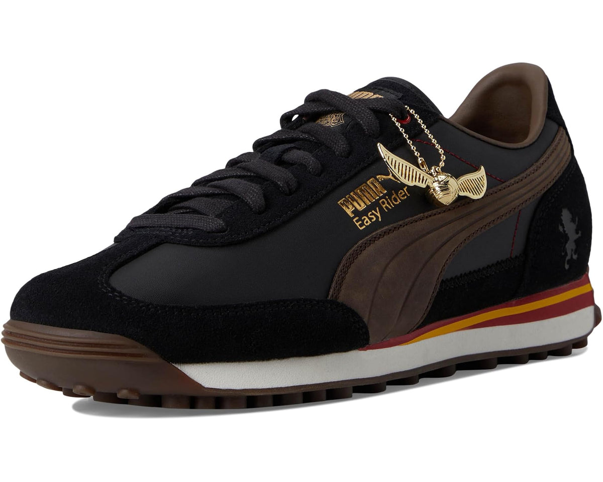 Men's PUMA Easy Rider sneakers, black and chocolate with gold wing logo and gum sole