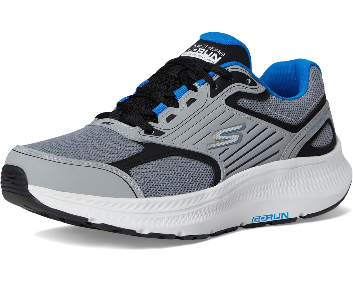 Men's SKECHERS running shoe front view with blue accents and black lace-up upper
