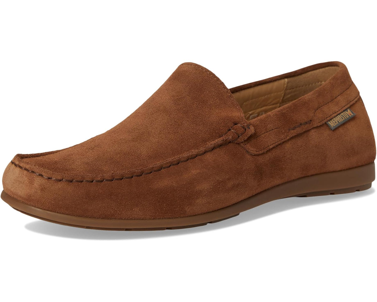 Men's brown suede slip-on loafer with moc stitching and low-profile sole