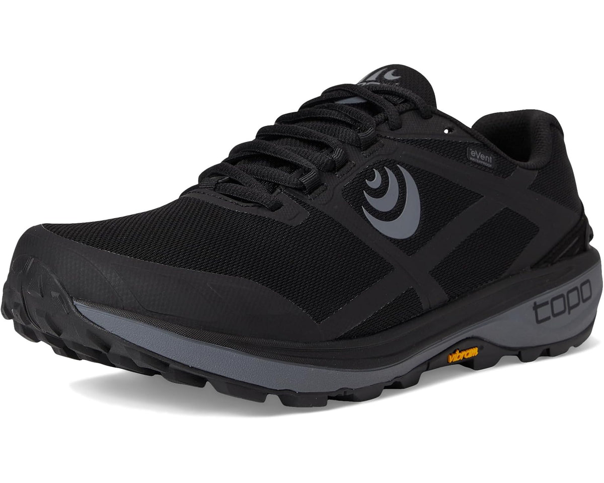 Black and charcoal lace-up trail running shoe with swirl logo and EPOO heel branding