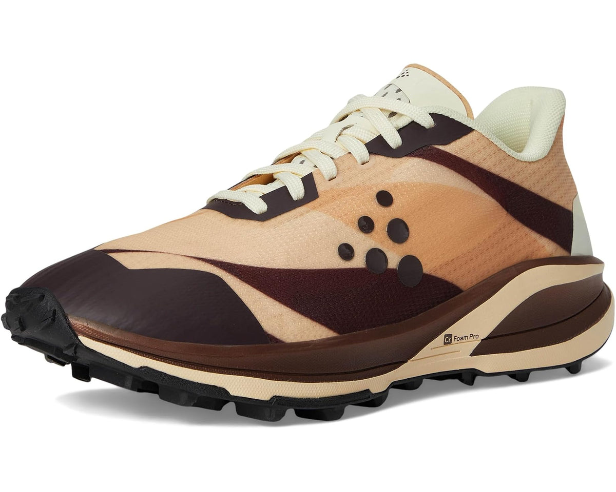 Men's trail running shoes front three-quarter view, tan/brown patterned lace-up design
