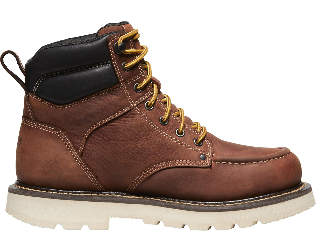 KEEN waterproof work boot side view, brown leather, black ankle panel, yellow laces