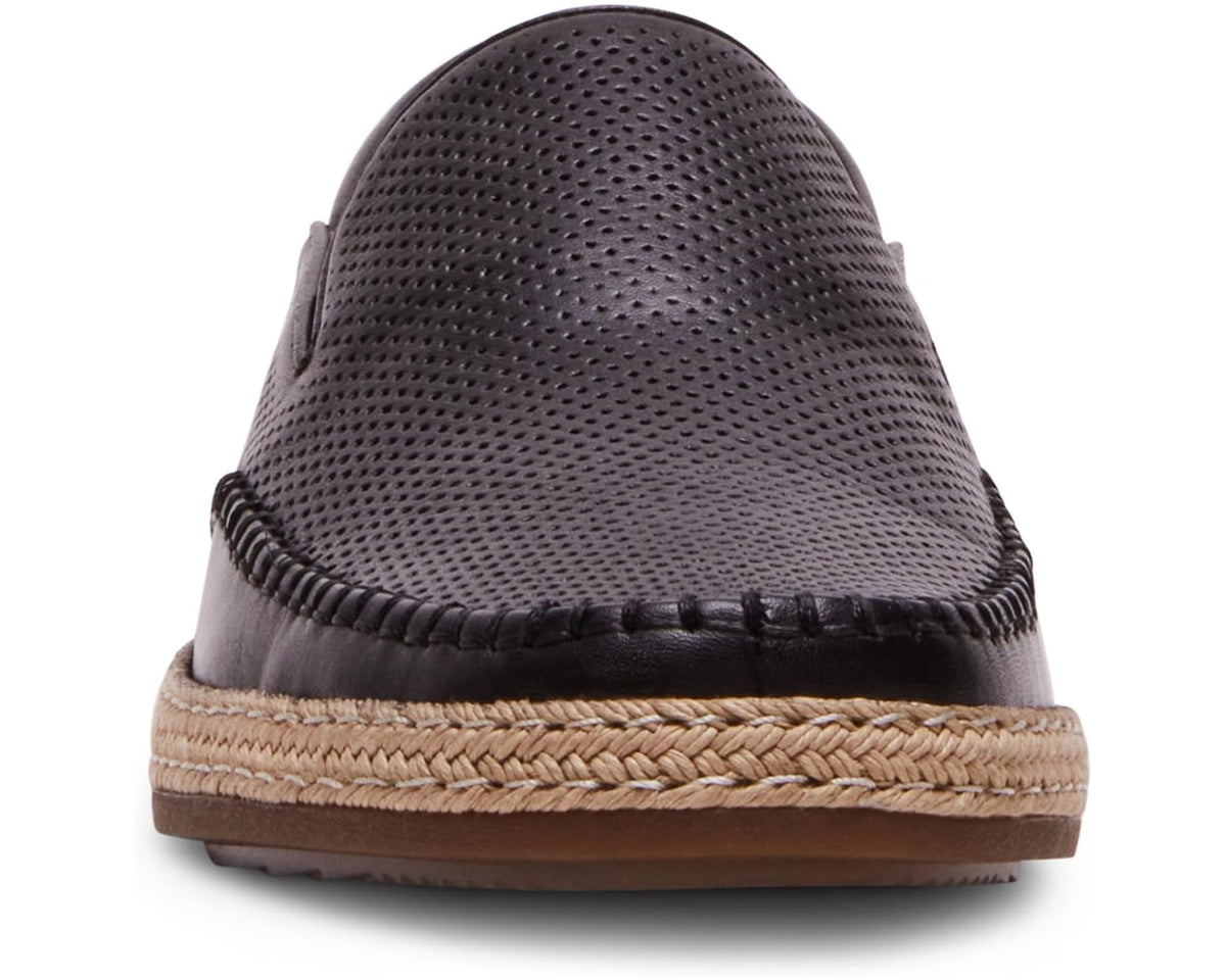 Men's black perforated slip-on loafer toe view with jute midsole