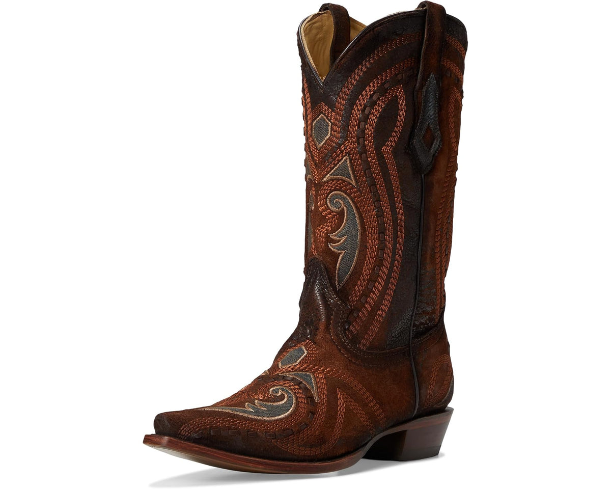 Men's brown Corral cowboy boots side view with tall shaft and western embroidery