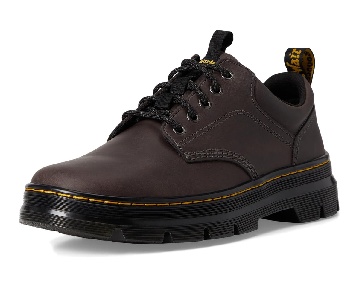 Unisex leather lace-up shoe, gunmetal upper with black laces and yellow welt edge