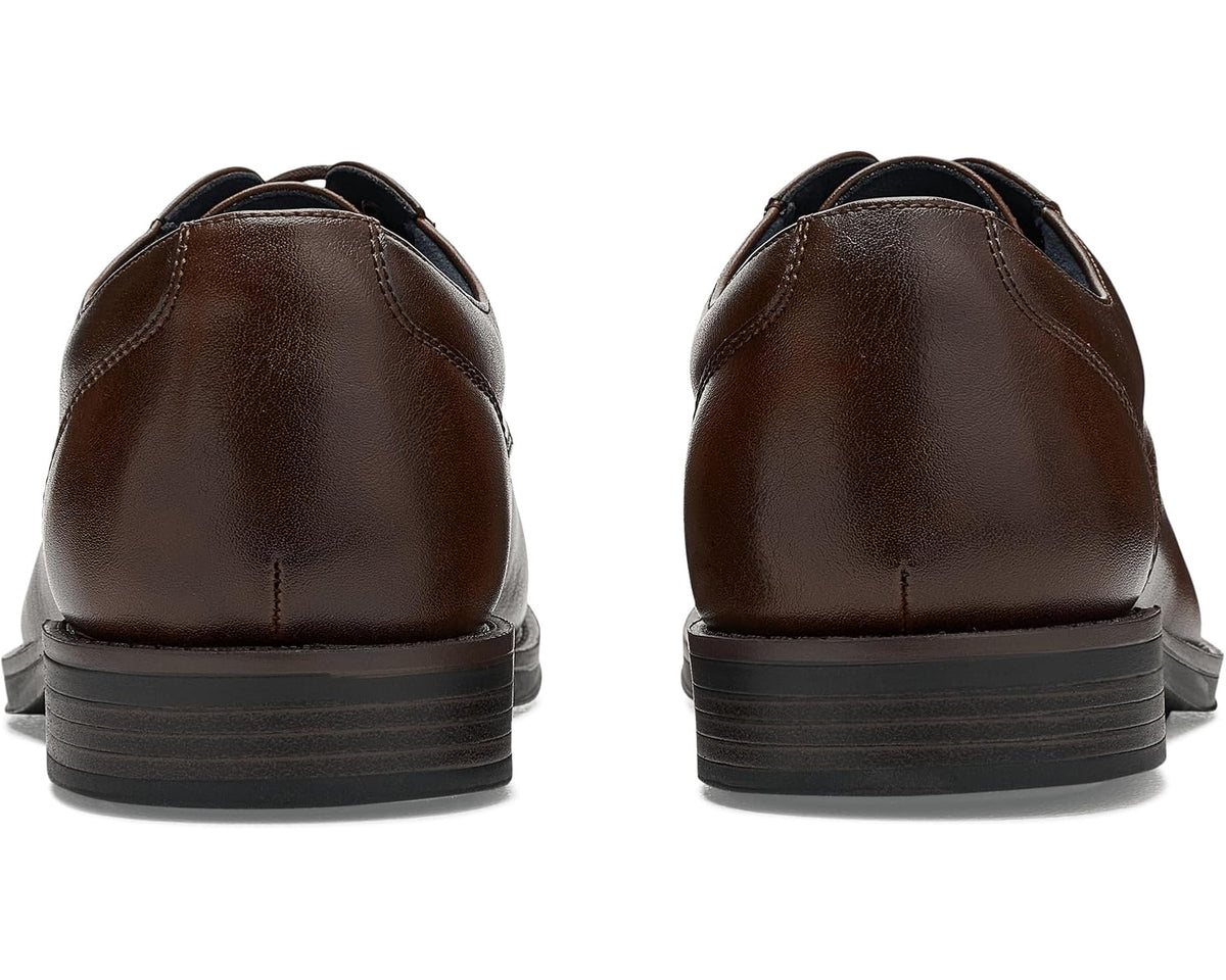 Back view of men's chestnut brown leather lace-up oxford shoes with stacked heel