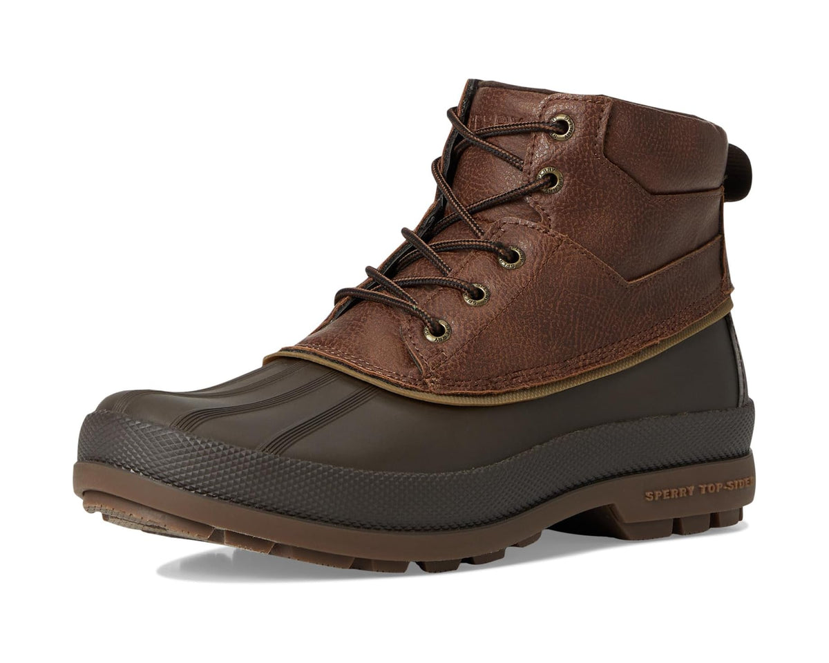 Brown lace-up chukka boots with padded ankle and dark rubber wrap sole