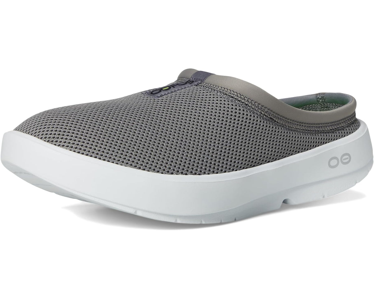 OOFOS OOcoozie mule shoe side view, slate upper with slip-on collar