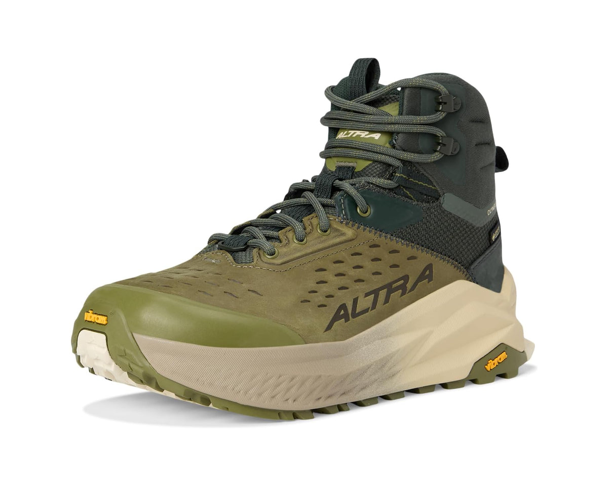 Unisex mid hiking boot by Altra, front view in dusty olive with chunky sole tread