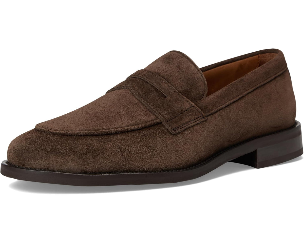 Front view suede slip-on loafer, dark brown with strap across vamp and block heel