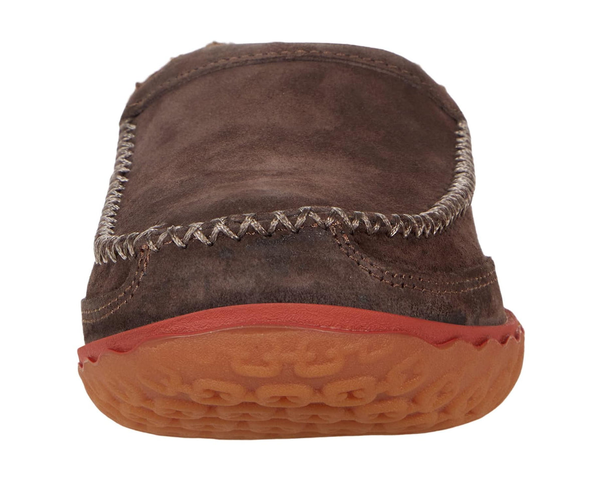 Brown suede slipper scuff back view with shearling collar and red patterned outsole