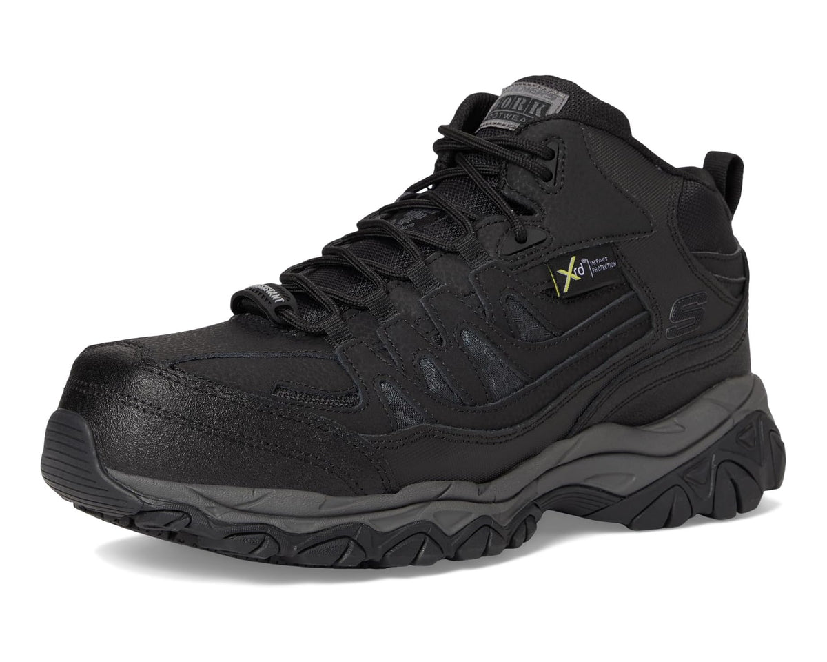 Men's black lace-up work boot front view with rugged outsole and side branding