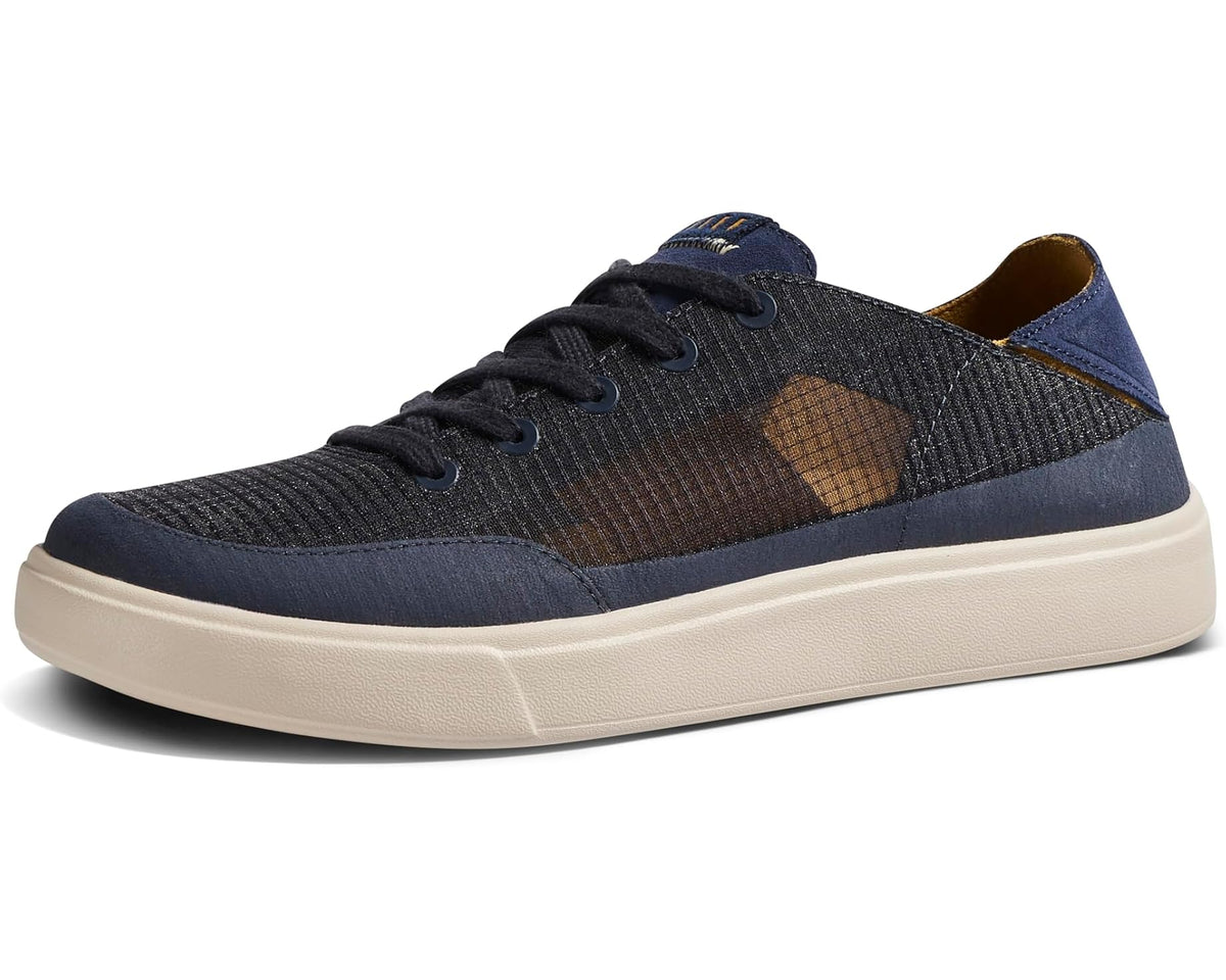 Men's navy lace-up sneakers with honey diamond patch, black textured upper, and white sole