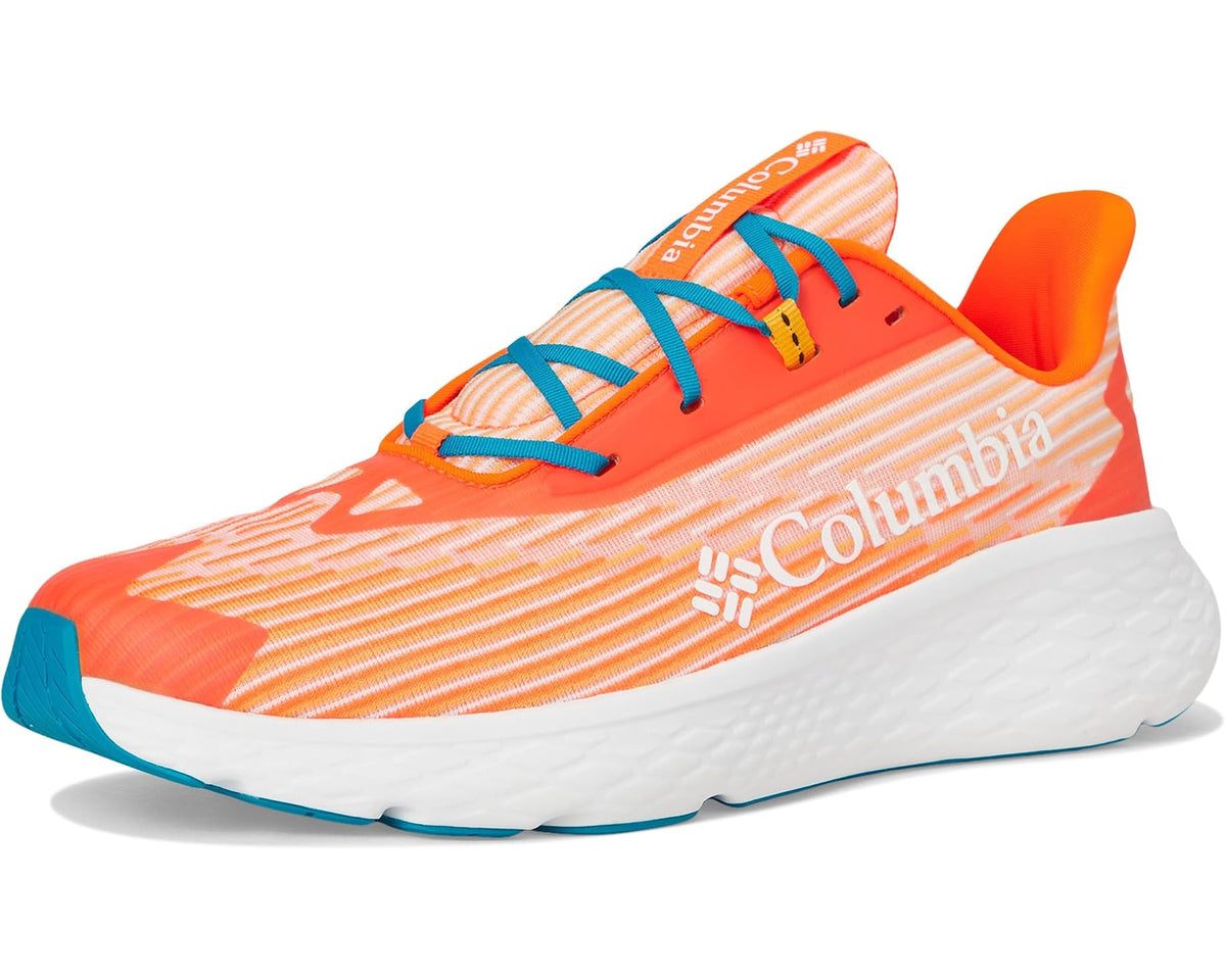 Men's Columbia running sneakers front 3/4 view in orange with teal laces and white sole