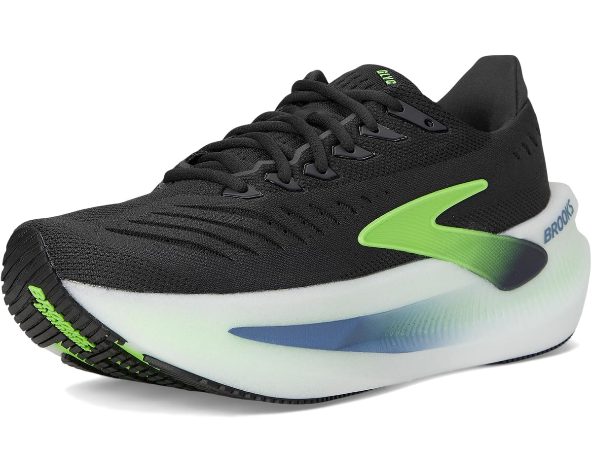Running shoe angled side: black upper with neon green accents and white foam midsole