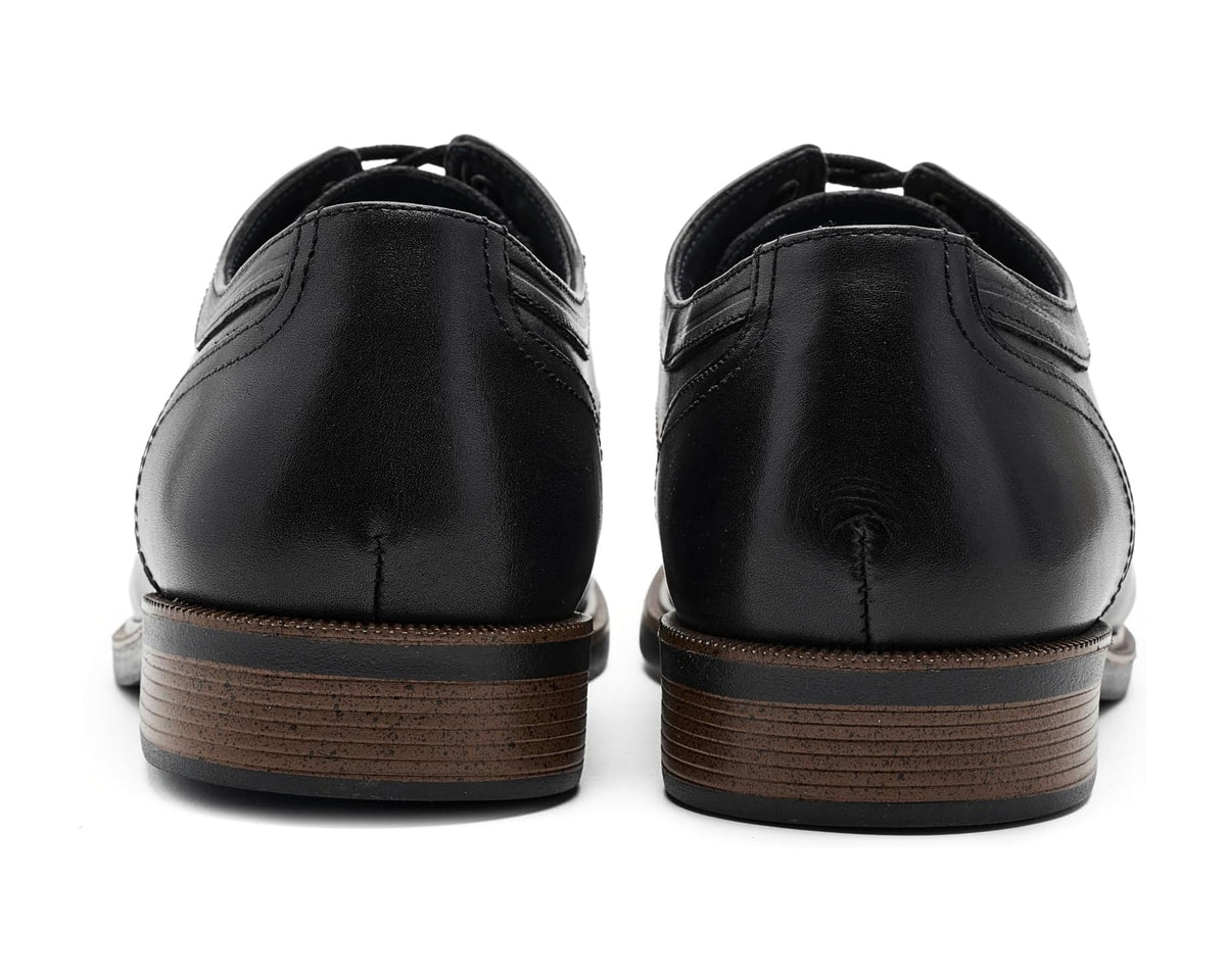 Men's black leather lace-up dress shoes, back view with brown heel sole