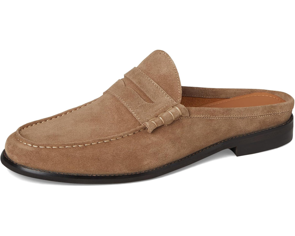 Men's Steve Madden taupe suede loafers, three-quarter view with slip-on strap