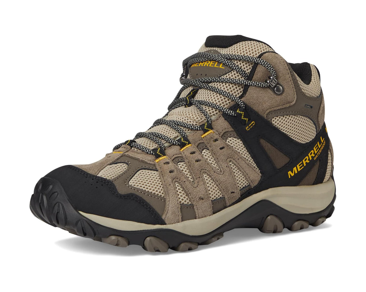 Merrell mid waterproof hiking boot, tan and black, 3/4 profile