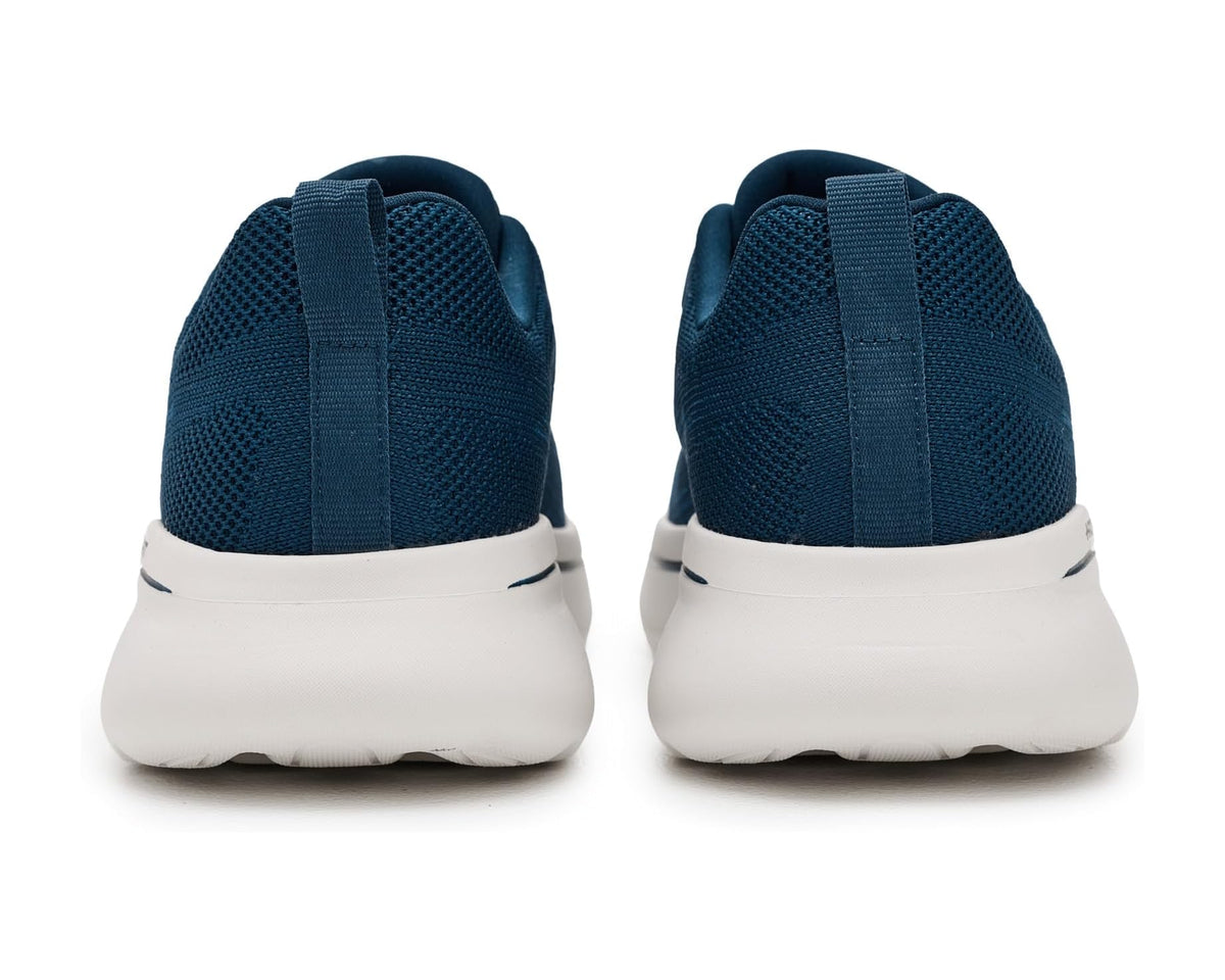 Navy mesh sneakers showing cushioned heel and white outsole