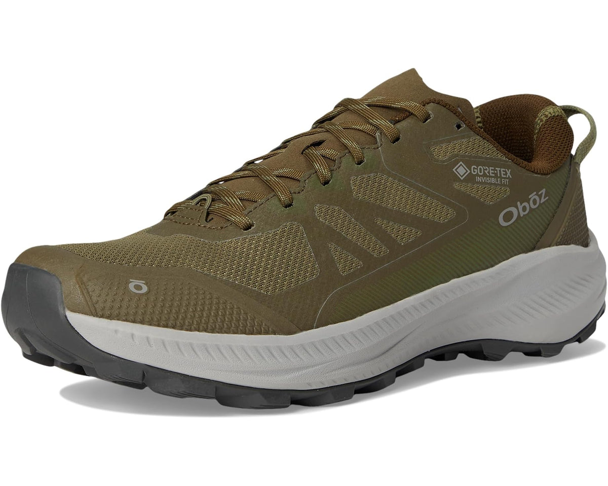 Men's low GTX trail shoes, olive/khaki side view with white midsole and rubber outsole