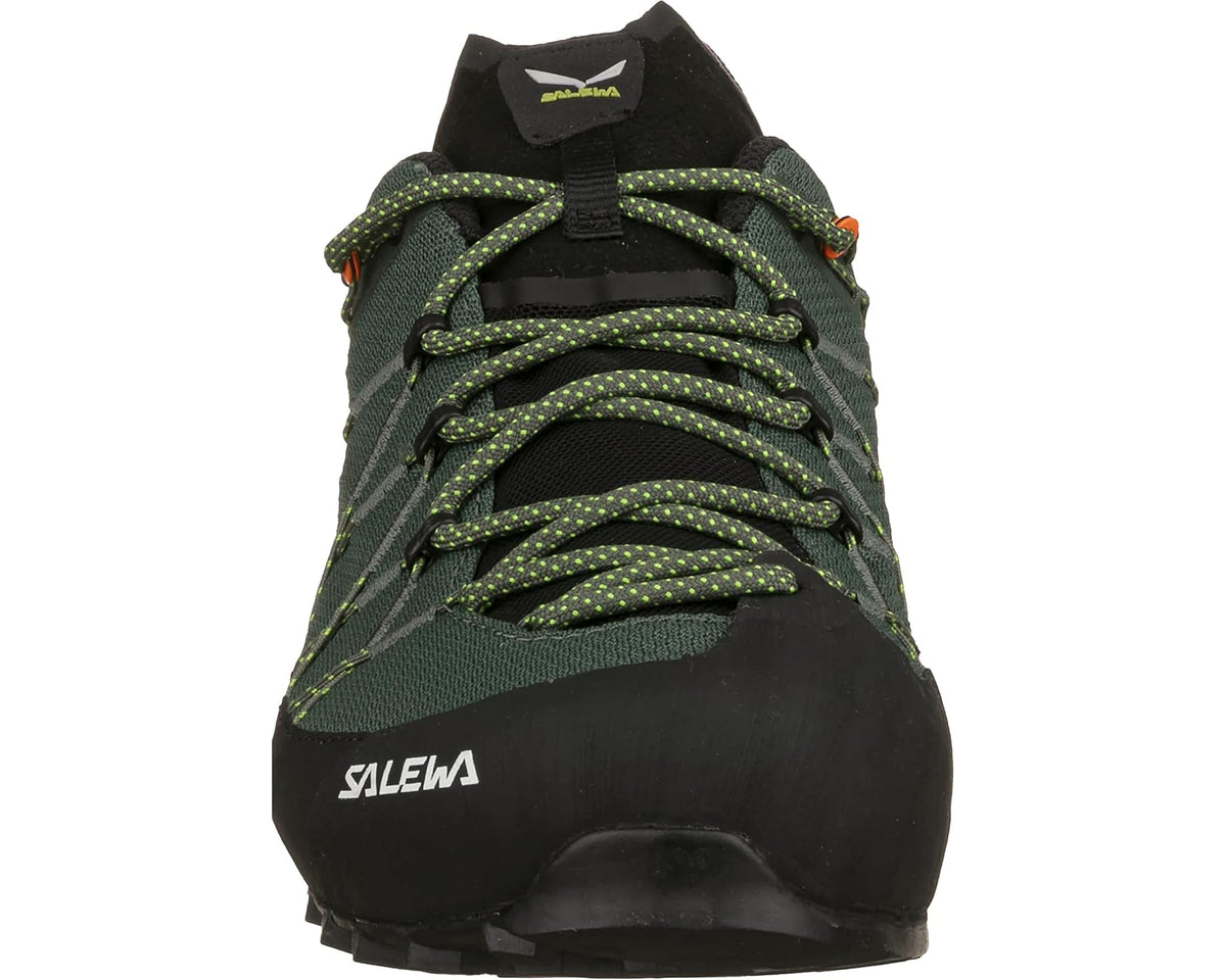 Men's trail shoe front, raw green mesh with black toe and laces