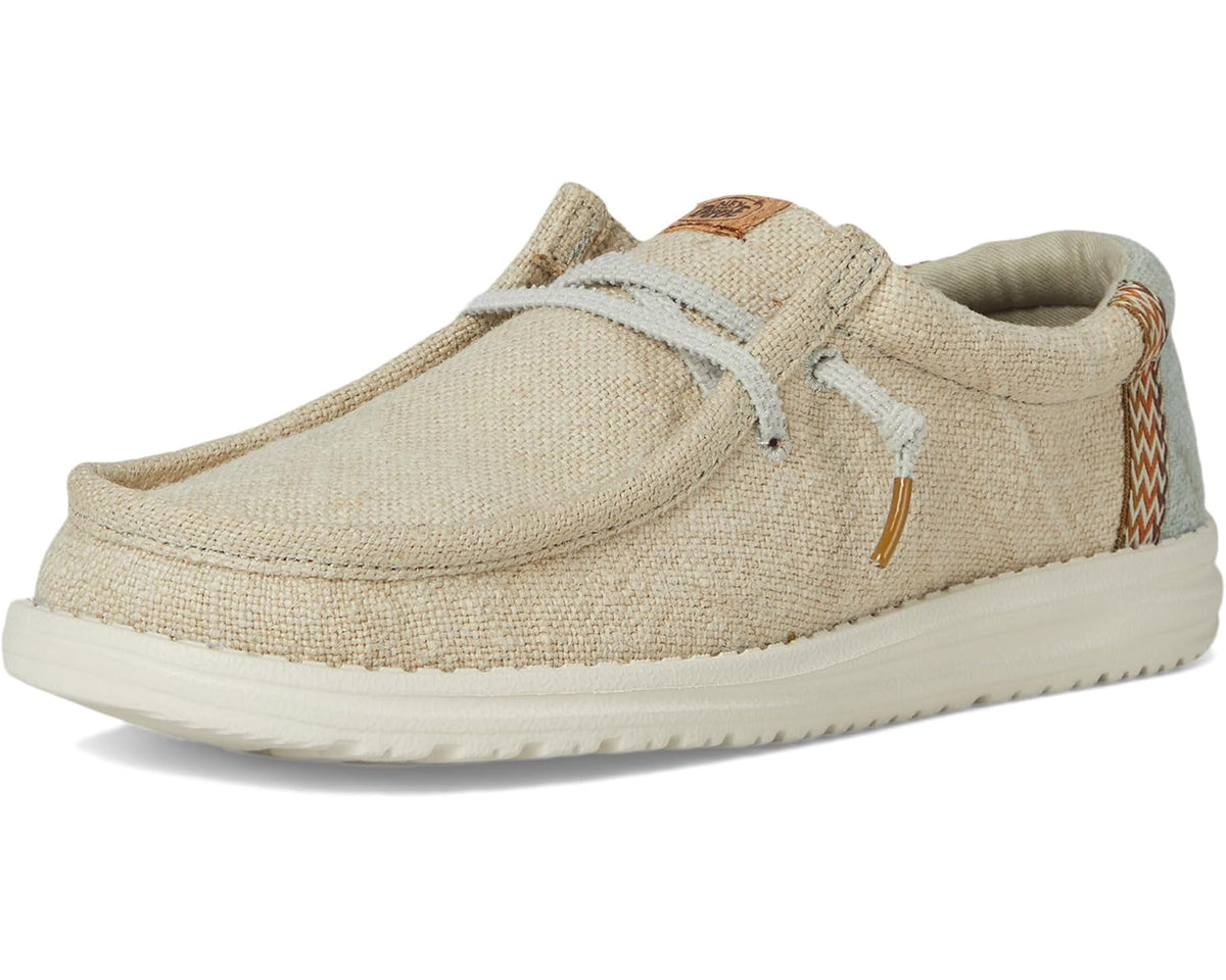 Men's slip-on canvas shoe, light stone upper with light blue laces and woven side detail