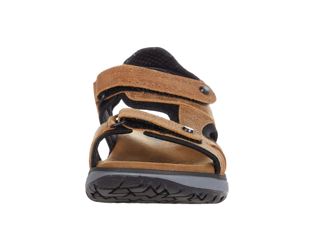 Tan sport sandal heel view with adjustable strap and grippy outsole tread