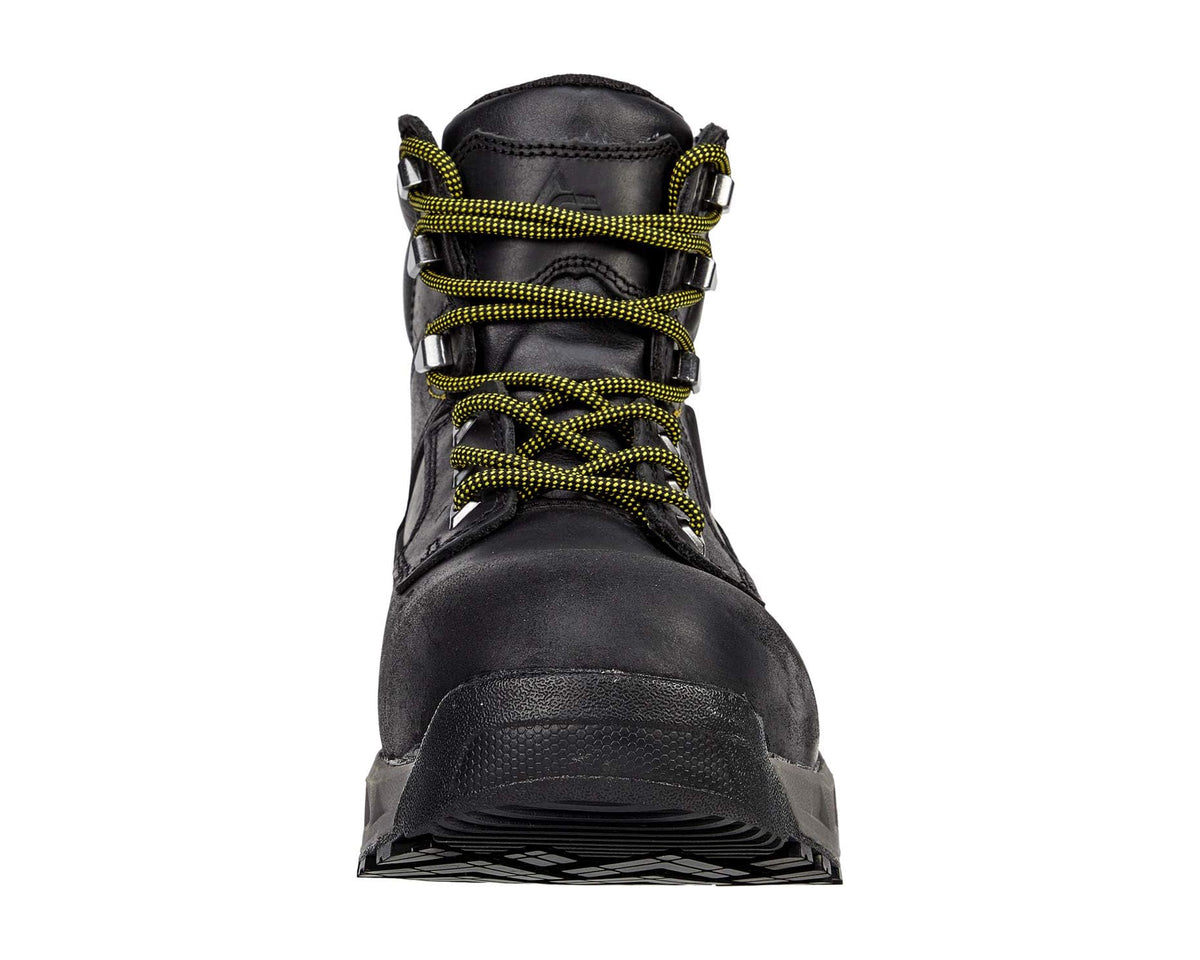 Black lace-up work boot with neon green laces and ankle padding