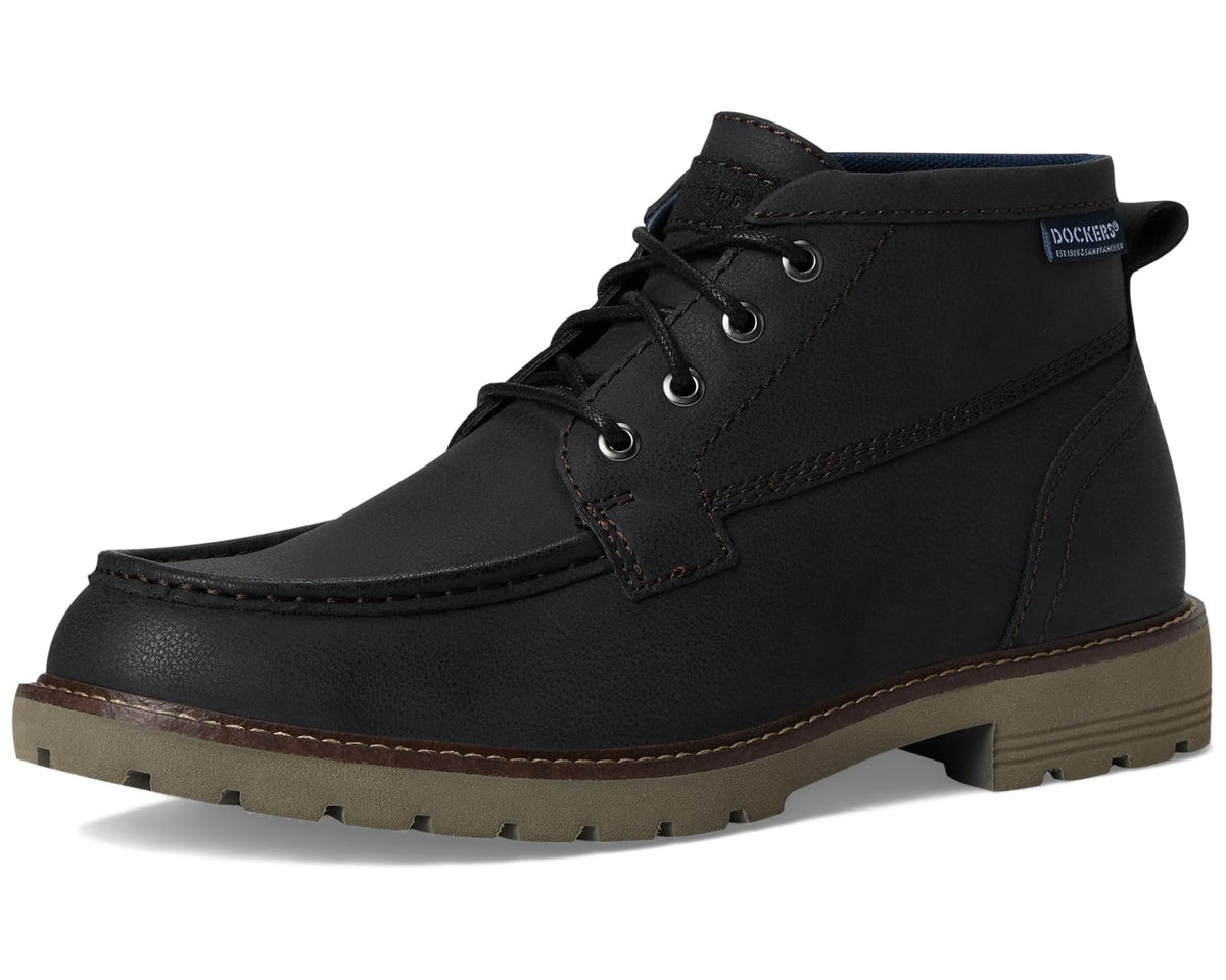 Men's Dockers black leather high-top boots with lace-up, padded collar, and treaded sole.