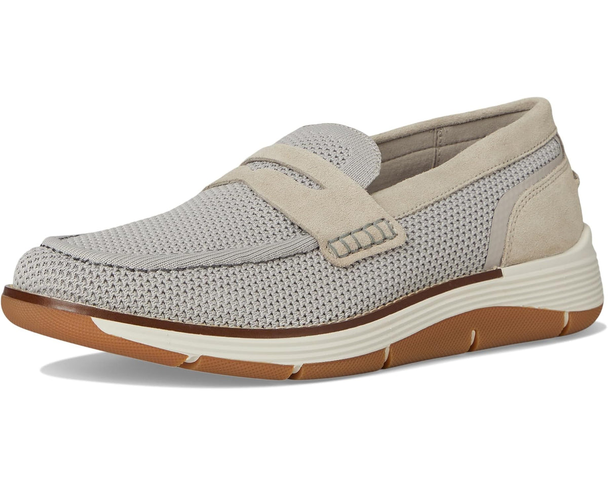 Men's taupe slip-on knit casual shoe with suede accents and gum rubber outsole