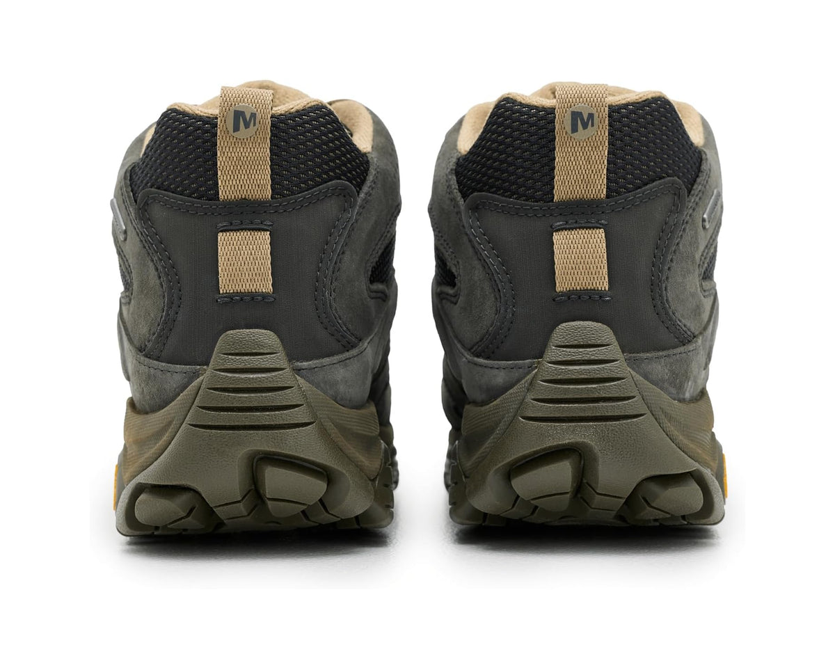 Men's mid waterproof hiking boots, dark gray heels with tan pull tab