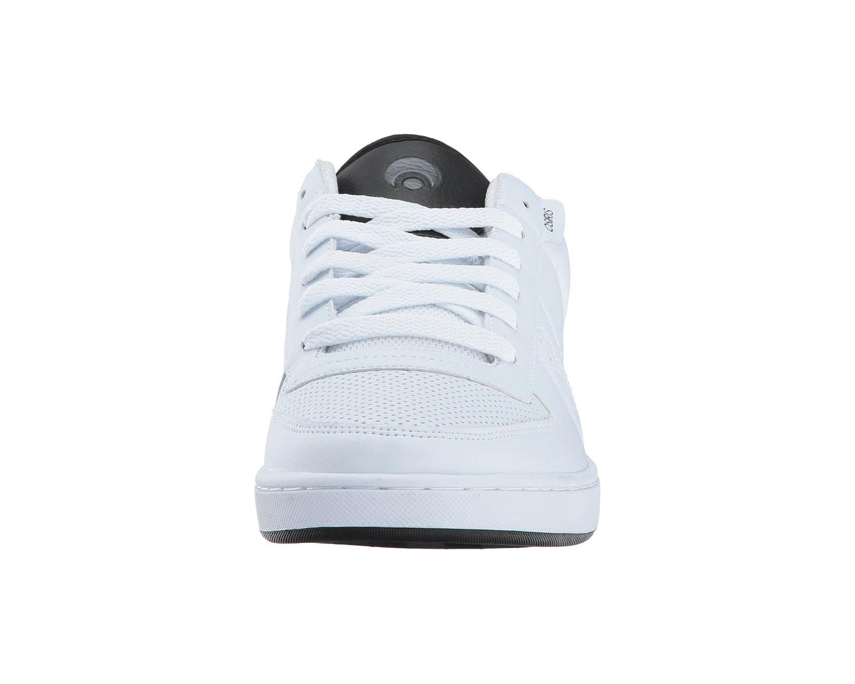 White lace-up low-top sneakers with perforated toe and black heel accents