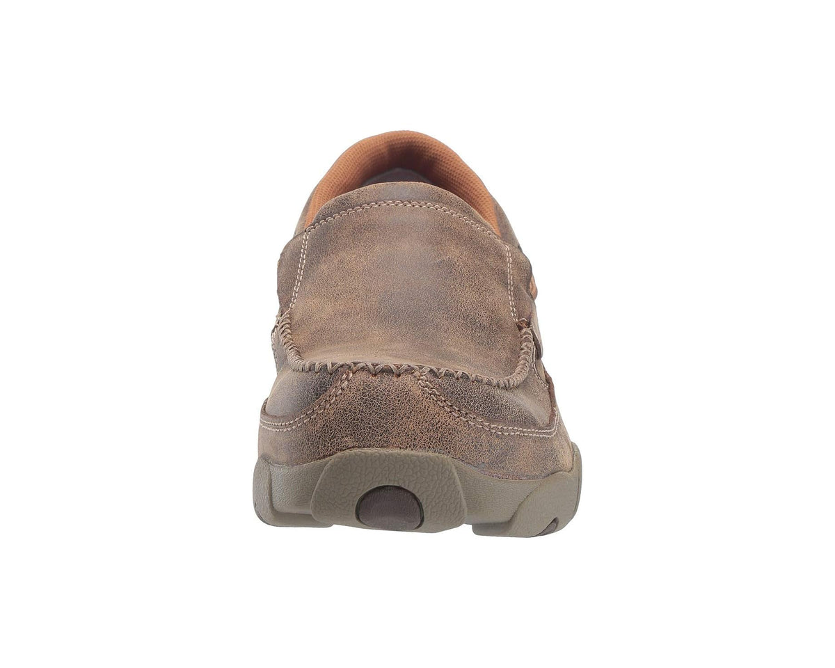 Heel view of brown suede work shoe with cushioned collar and rubber outsole