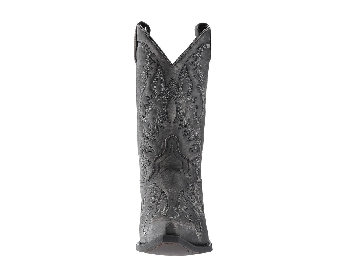 Black cowboy boot top/back view showing embroidered shaft pattern and wide opening