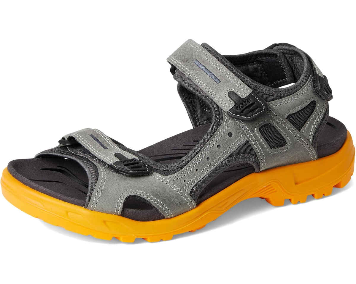 Men's ECCO sport sandal, gray straps with black accents and orange tread sole