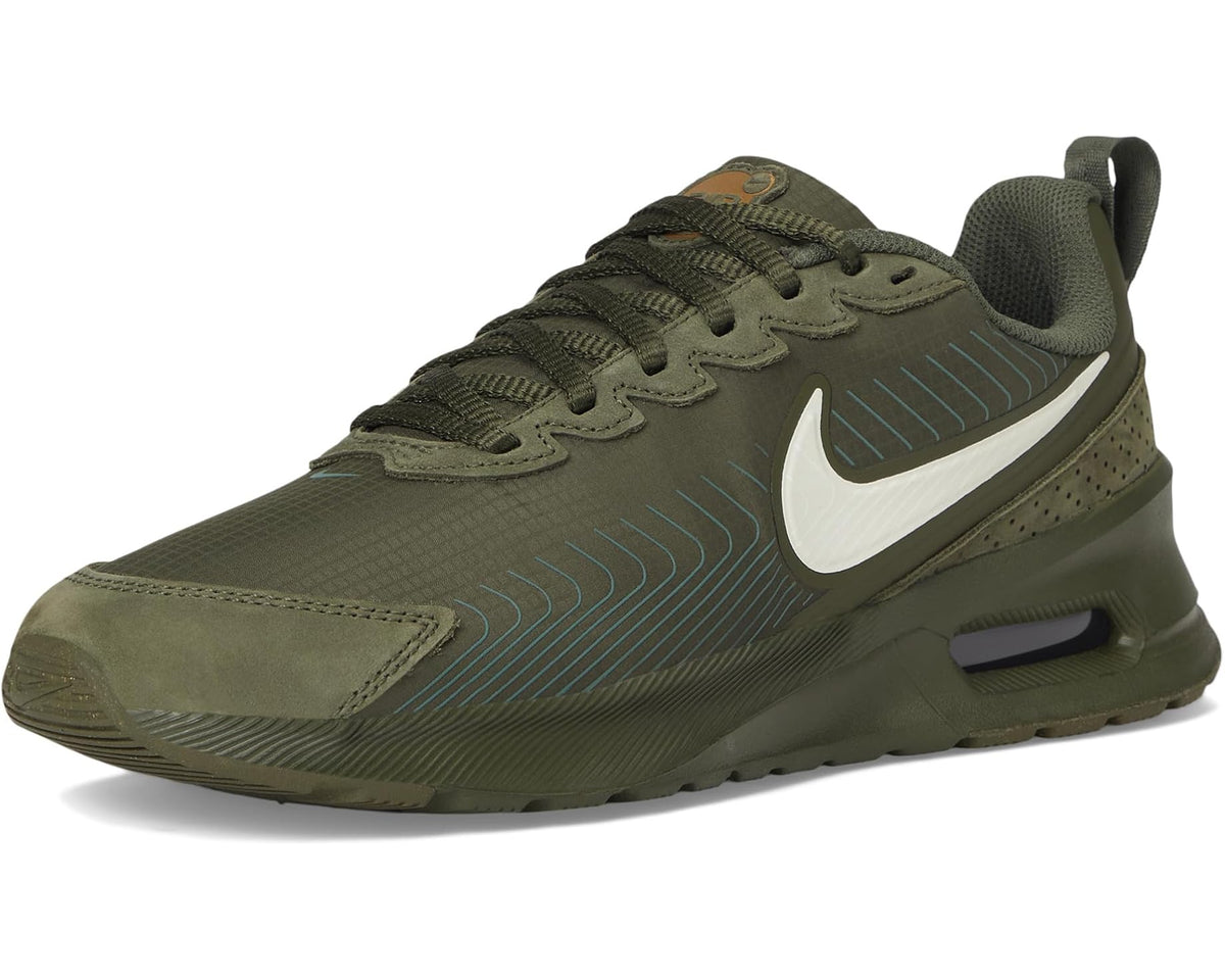 Men's Nike Air Max Nuaxis sneaker front quarter with khaki upper and white swoosh