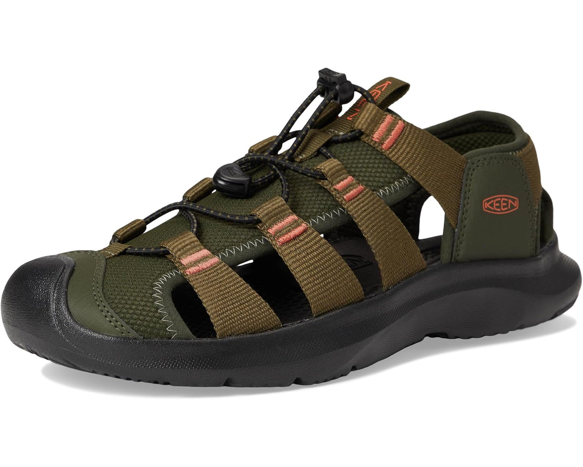 Men's KEEN hiking sandals front angle with open toe, striped straps, and black outsole