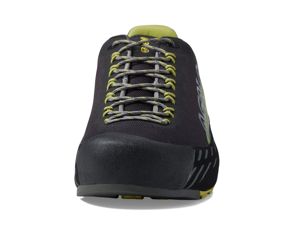 Men's hiking shoe front, lace-up dark purple upper with green lining and toe cap
