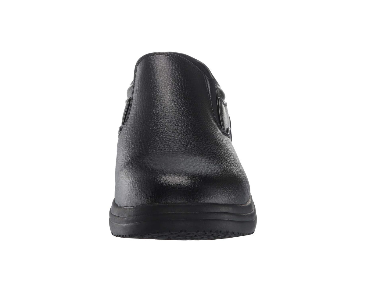 Black slip-on work shoe side view with smooth leather-look upper