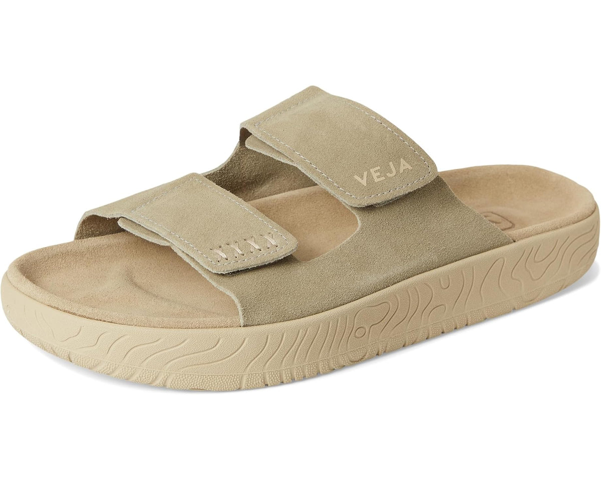 Men's VEJA Etna taupe suede slide sandal, angled front view with two adjustable straps