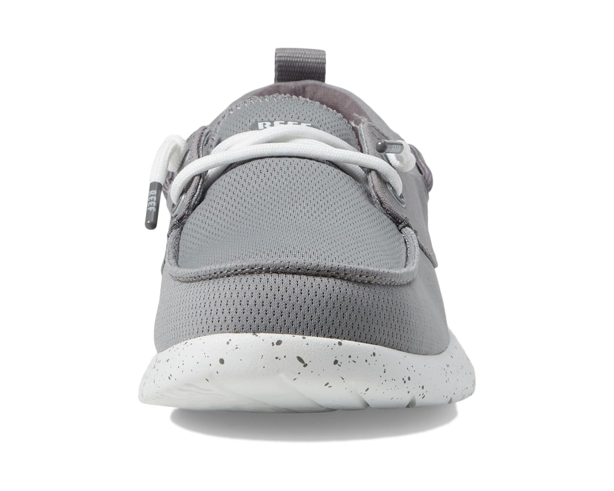 Grey mesh front view with white laces and speckled midsole