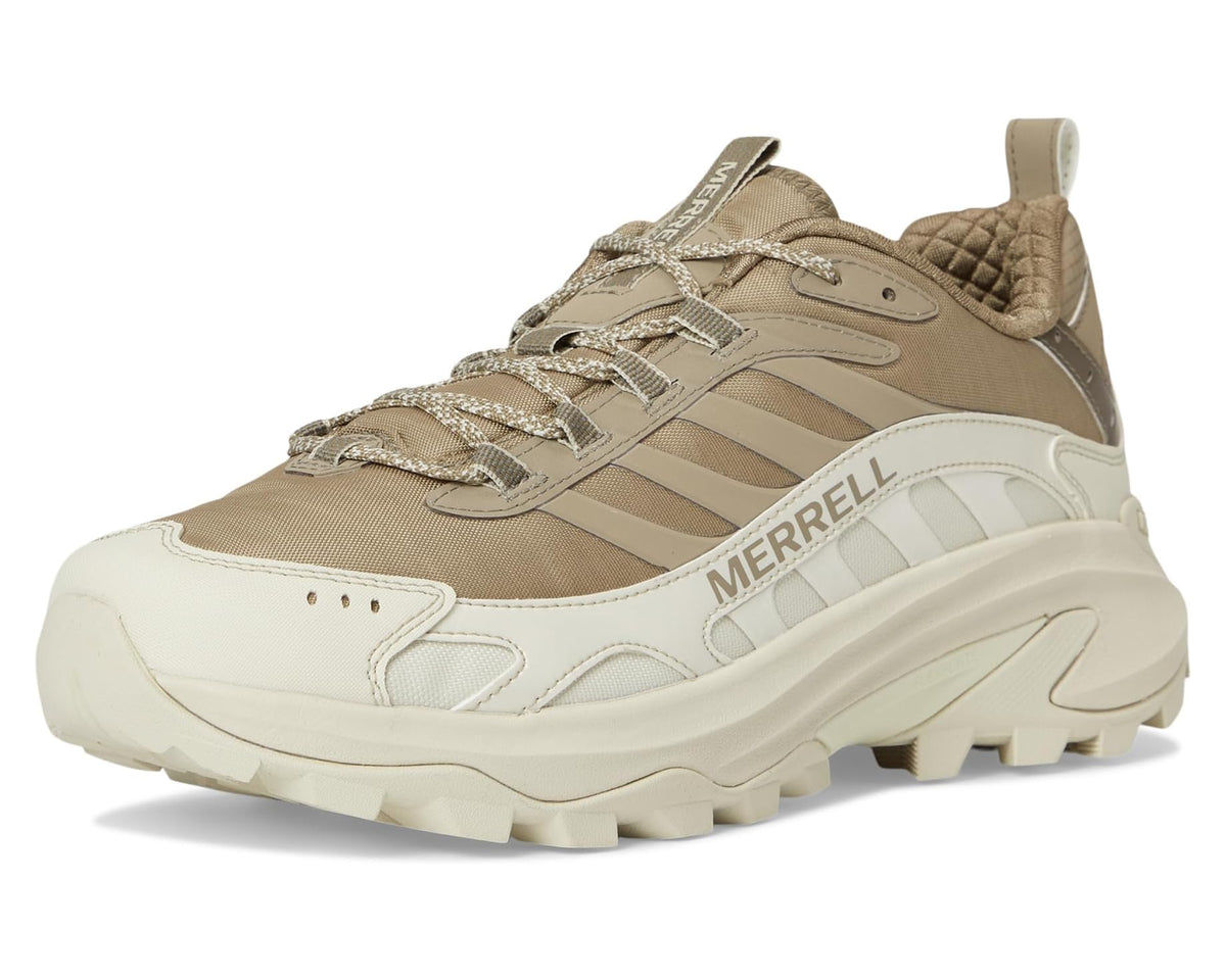 Men's Merrell trail sneaker in tan and off-white, lace-up with thick sole