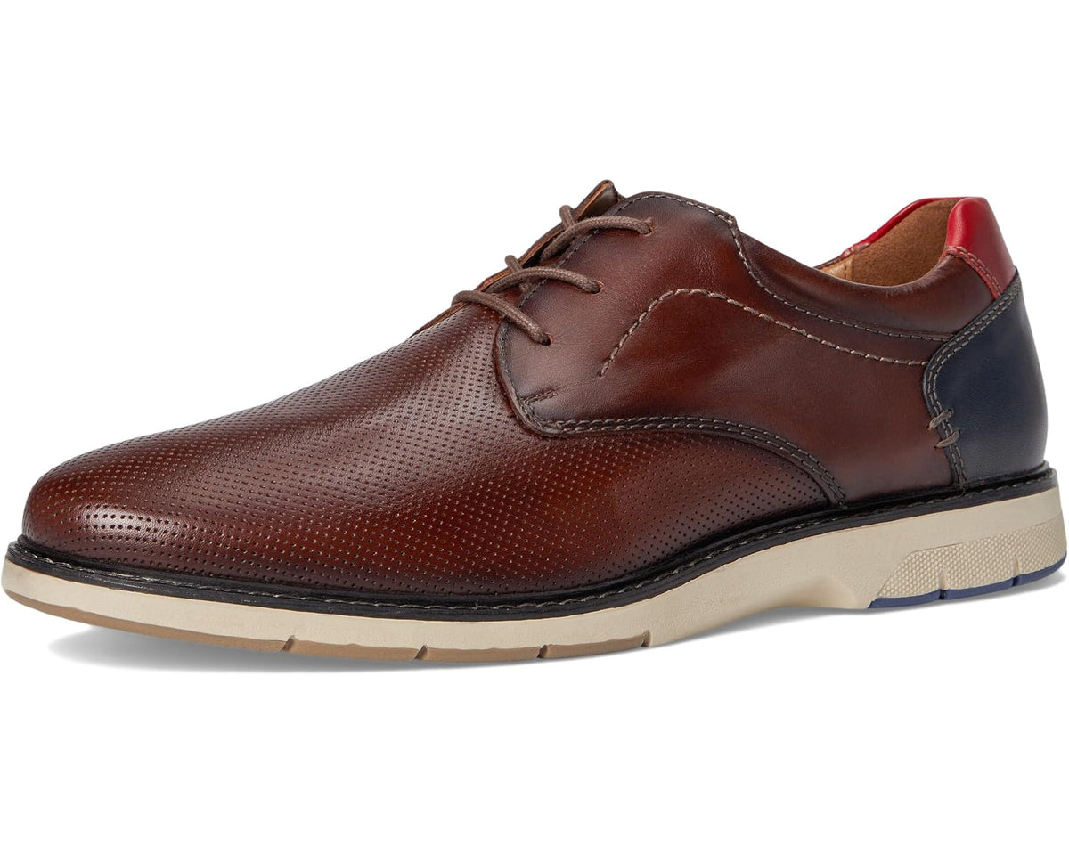 Lace-up dark brown dress shoe with perforated toe and contrast side panel