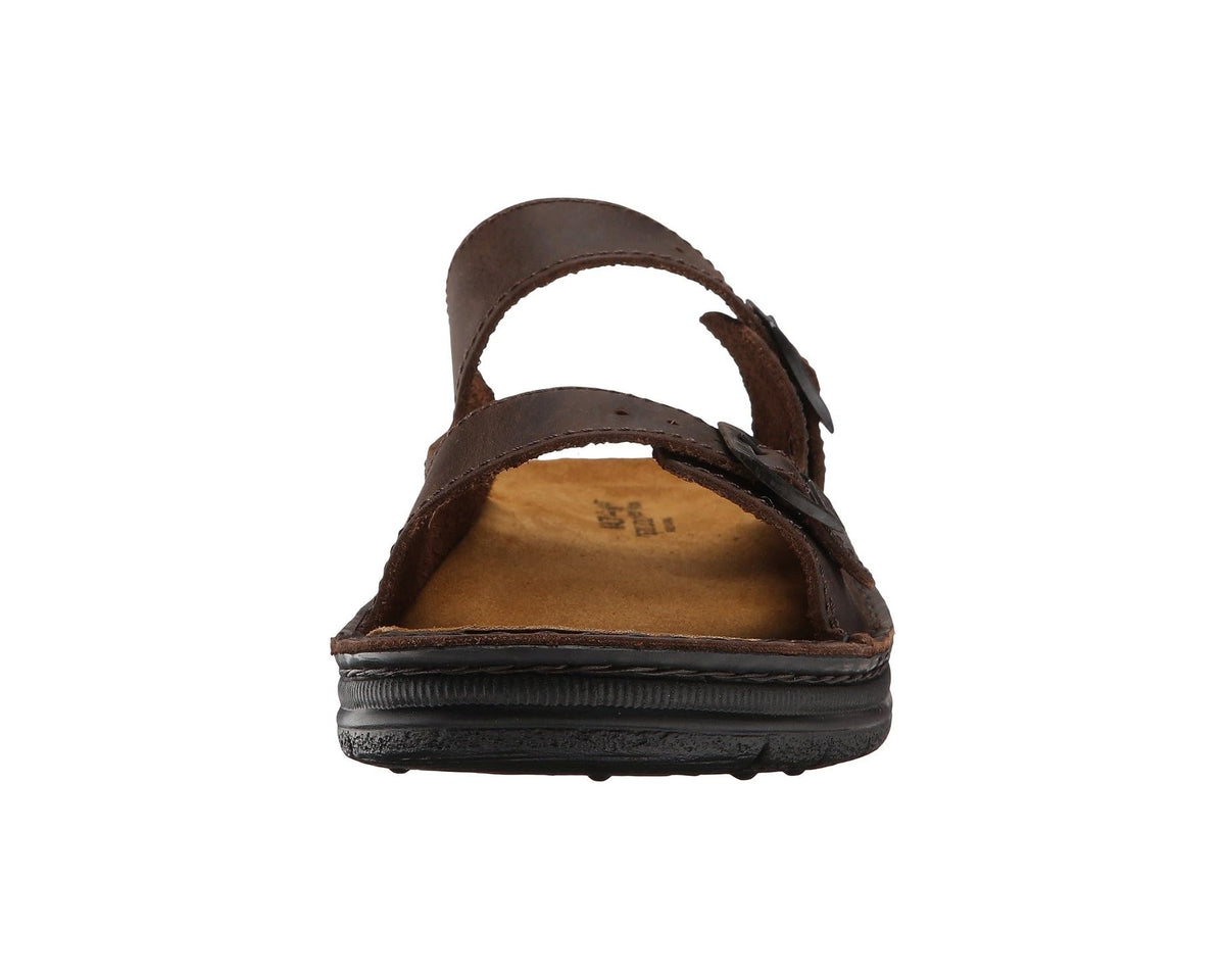 Leather sandal toe view with open design, tan insole, and dark brown adjustable straps