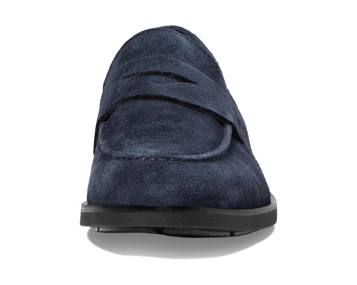 Men's dark blue suede slip-on loafer with rounded toe and rear profile