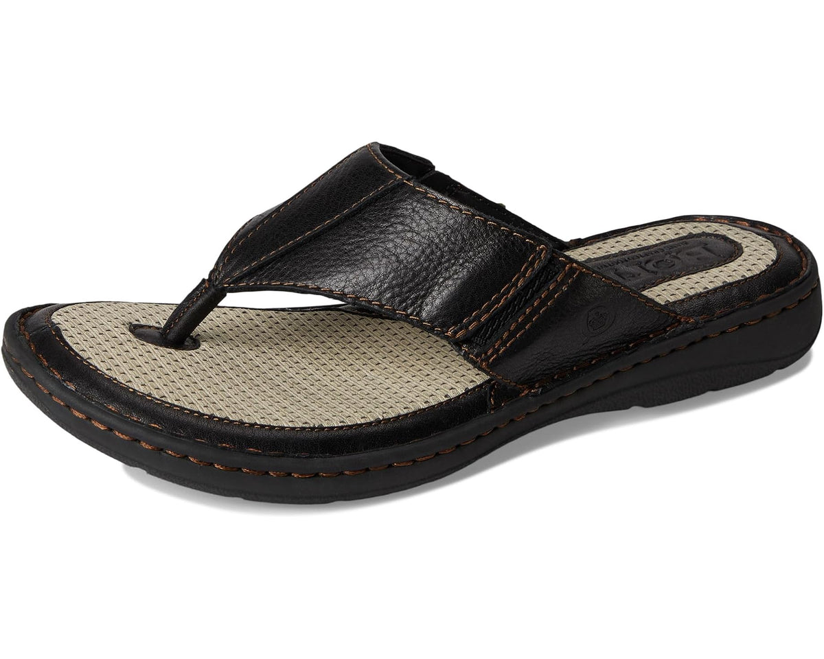 Men's black leather slide sandals with tan footbed, thong strap, and orange stitching
